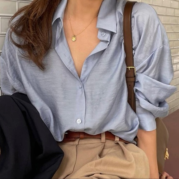 Blouse shirt blue light office casual button collar long sleeve top - Picture 7 of 7